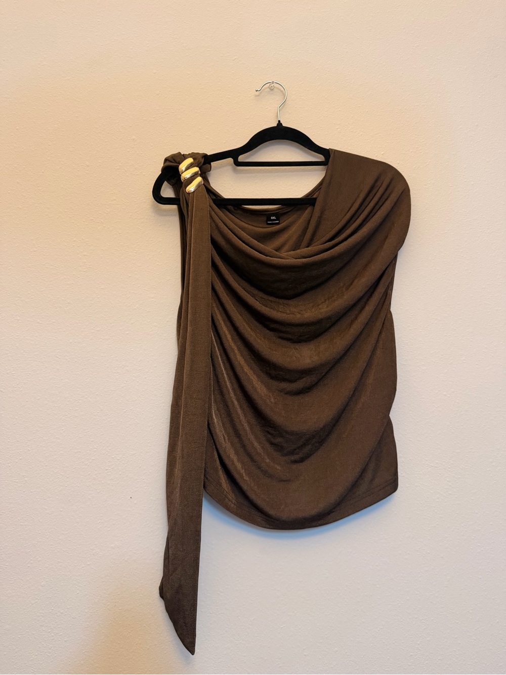 Draped One-Shoulder Brown Top with Gold Accent